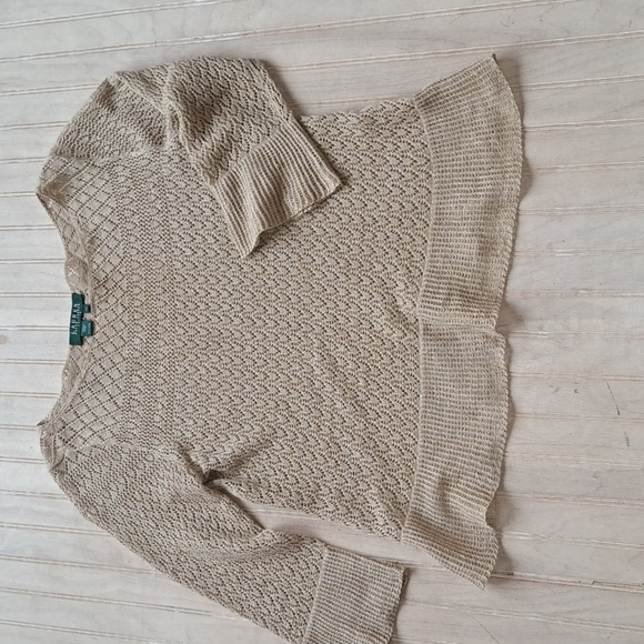 Lauren Ralph Lauren Textured Knit Petite 100% Linen Cut Out 3/4 Sleeves Top - Picture 4 of 9